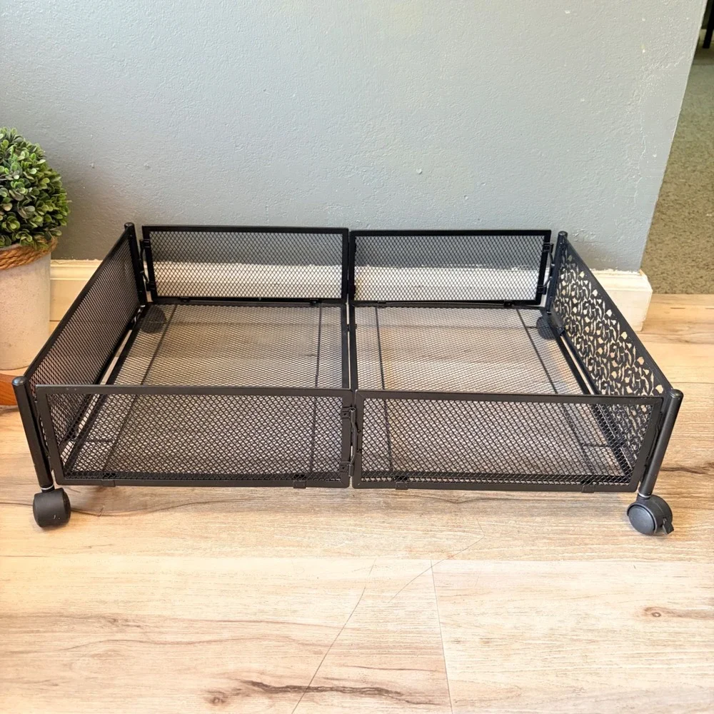2 Black Metal Mesh Rolling Underbed Storage Bins Bird Leaf Design Foldable